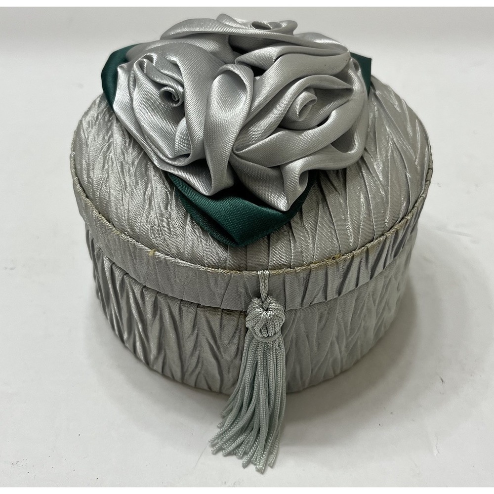 Vtg Fabric-Covered Round Trinket Box Ruched Silver Color Satin Rose Tassel Lid3"